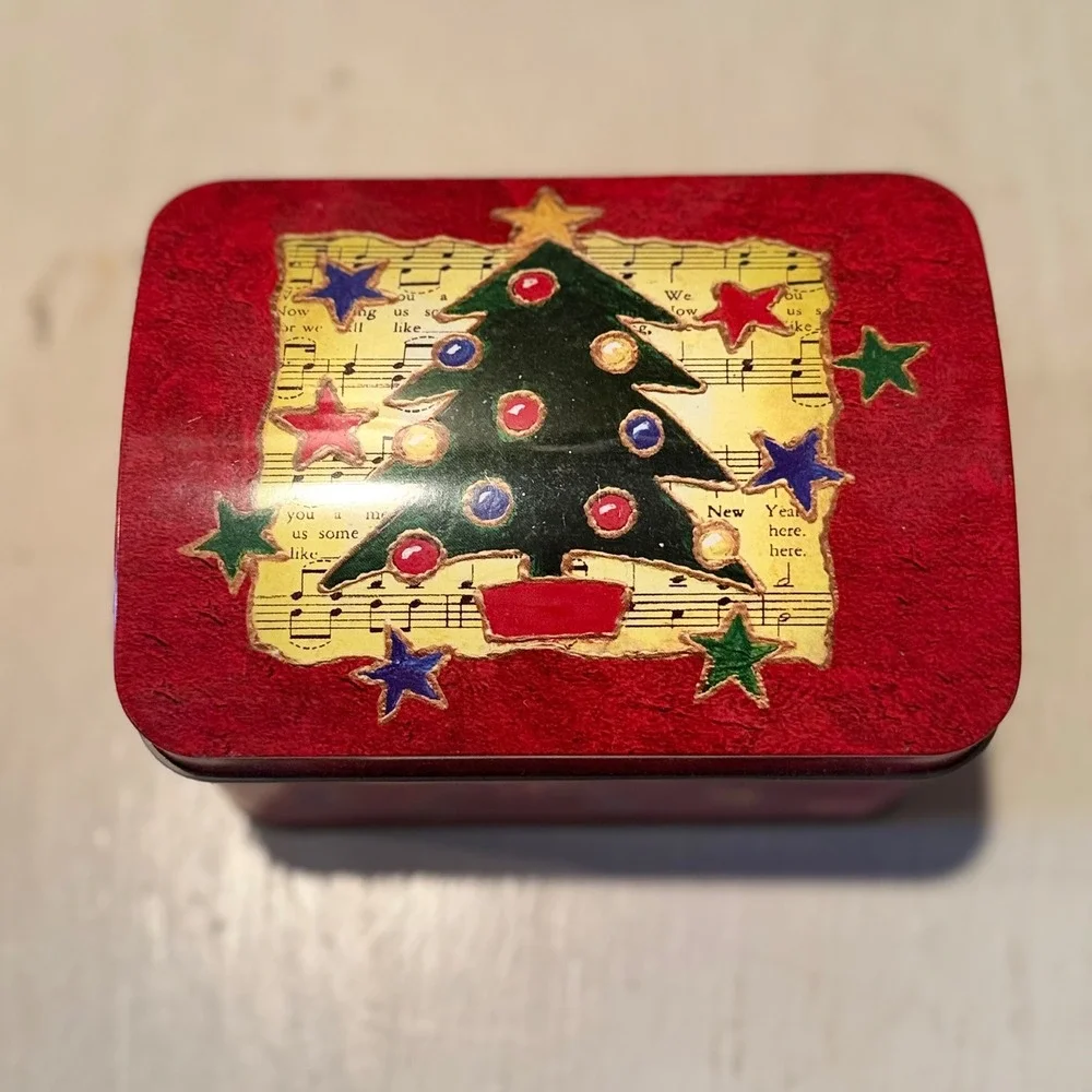 Holiday Christmas Tree Tin Box‎ Red Stars Music Notes Storage Container